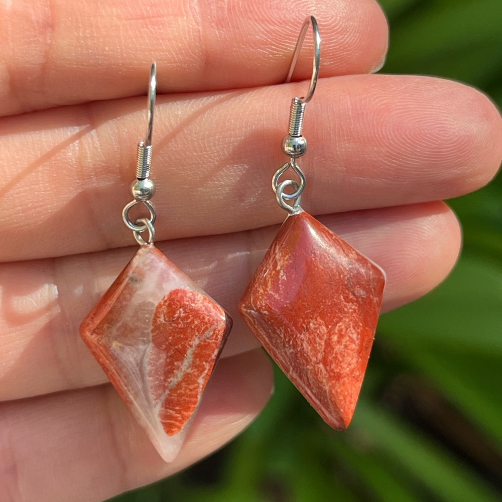 Stainless steel red jasper diamond shape drop earrings 0336‎